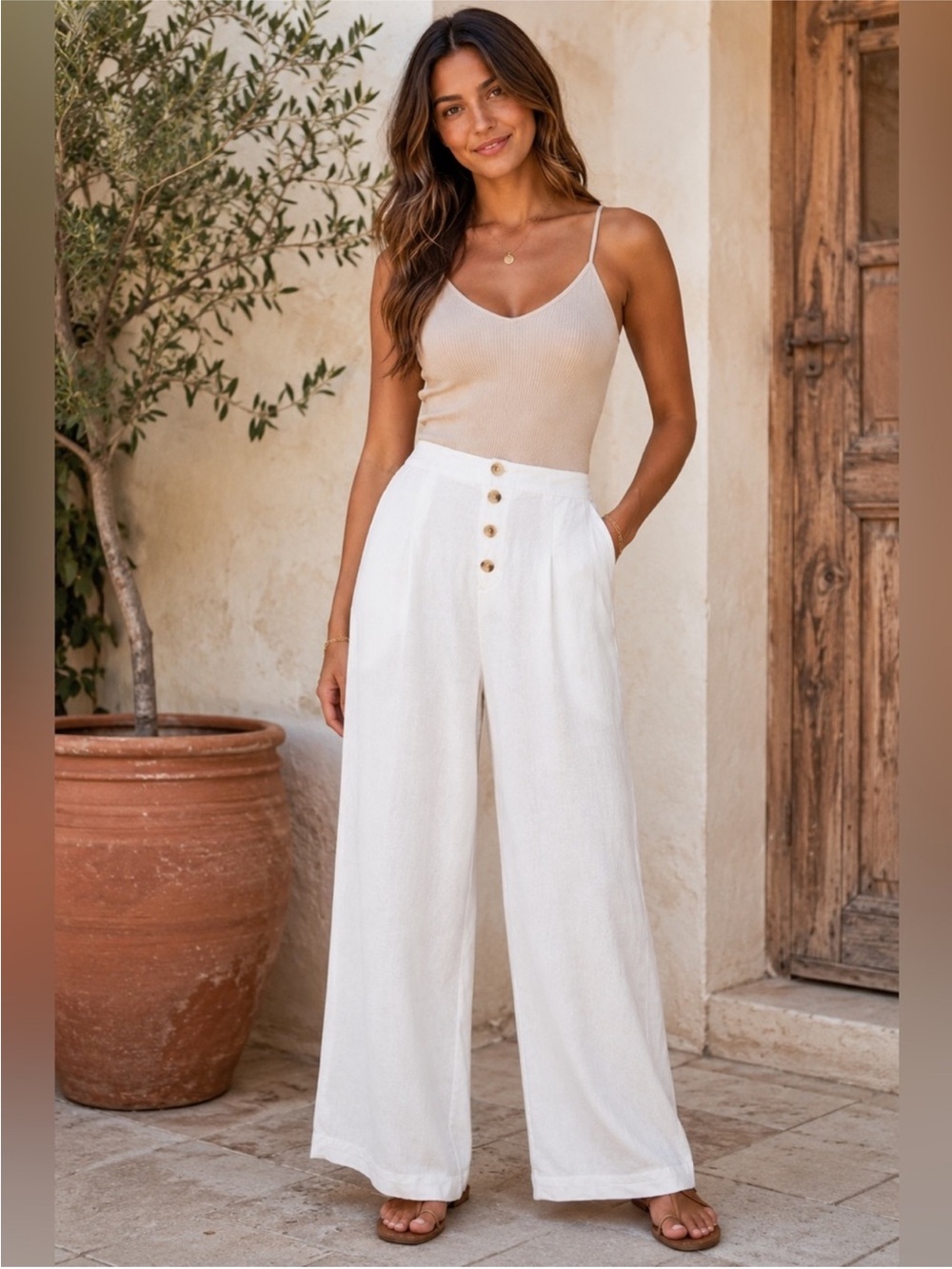 SINCERELY JULES Linen Blend Wide Leg Pants XL Ivory Cream Button Front Summer